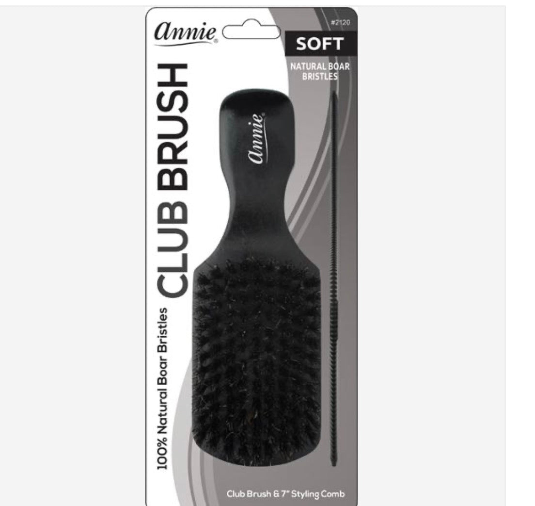 #2120 Annie Soft Wood Club Boar Bristle Brush With Comb 7in